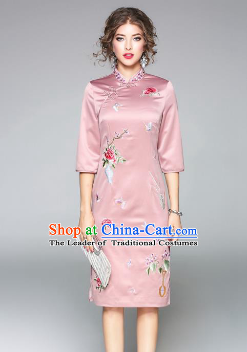 Asian Chinese Oriental Costumes Pink Plated Buttons Cheongsam, Traditional China National Embroidery Chirpaur Dress for Women