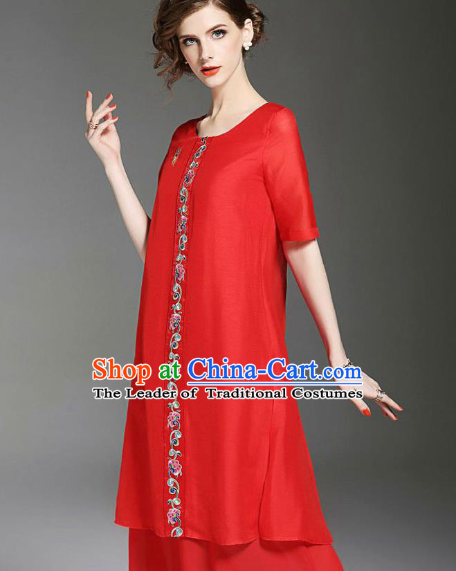 Asian Chinese Oriental Costumes Classical Embroidery Red Chiffon Dress, Traditional China National Tang Suit Qipao Dress for Women