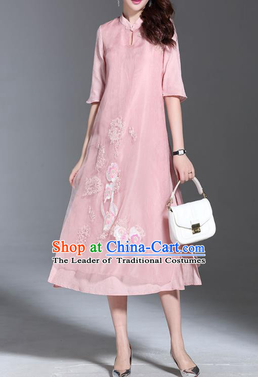 Asian Chinese Oriental Costumes Classical Palace Embroidery Pink Cheongsam, Traditional China National Chirpaur Tang Suit Plated Buttons Qipao for Women