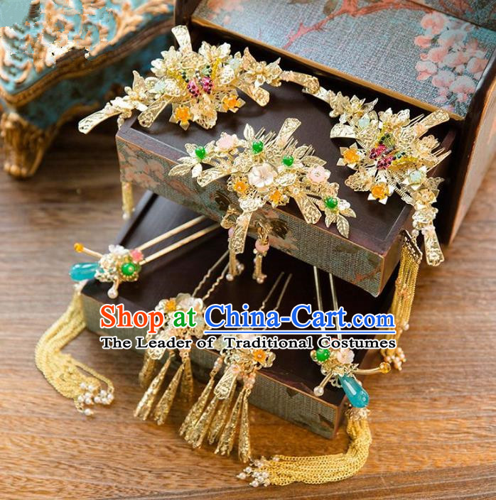 Aisan Chinese Handmade Classical Hair Accessories Blue Jade Hair Comb Complete Set, China Xiuhe Suit Tassel Step Shake Hairpins Wedding Headwear for Women