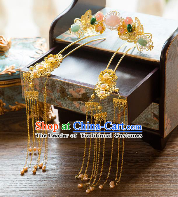 Aisan Chinese Handmade Classical Hair Accessories Jade Hair Comb Complete Set, China Xiuhe Suit Tassel Step Shake Hairpins Wedding Headwear for Women