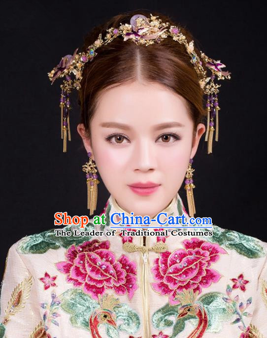 Aisan Chinese Handmade Classical Hair Accessories Purple Jade Phoenix Coronet Complete Set, China Xiuhe Suit Hairpins Wedding Headwear for Women