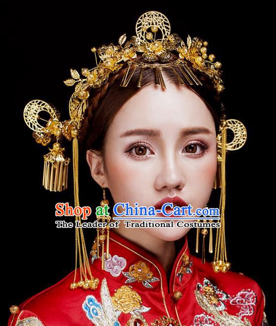 Aisan Chinese Handmade Classical Hair Accessories Golden Phoenix Coronet Complete Set, China Xiuhe Suit Hairpins Wedding Headwear for Women