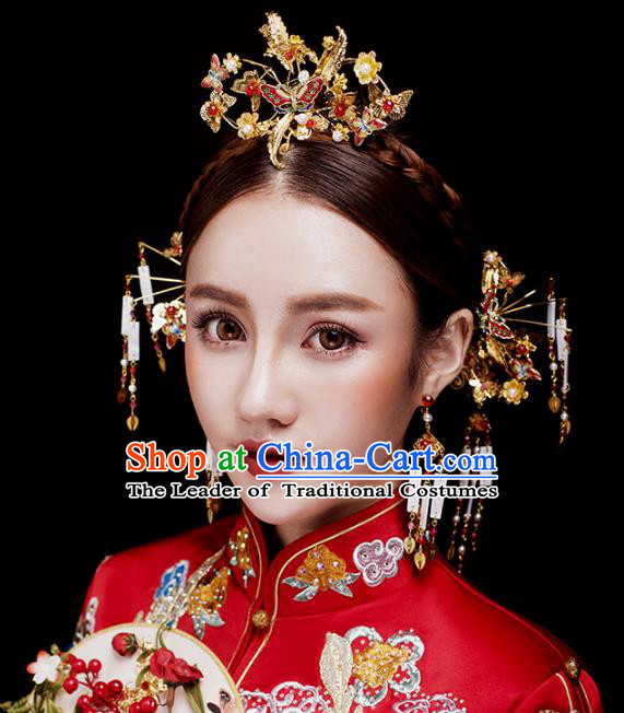 Aisan Chinese Handmade Classical Hair Accessories Red Butterfly Phoenix Coronet Complete Set, China Xiuhe Suit Hairpins Wedding Headwear for Women