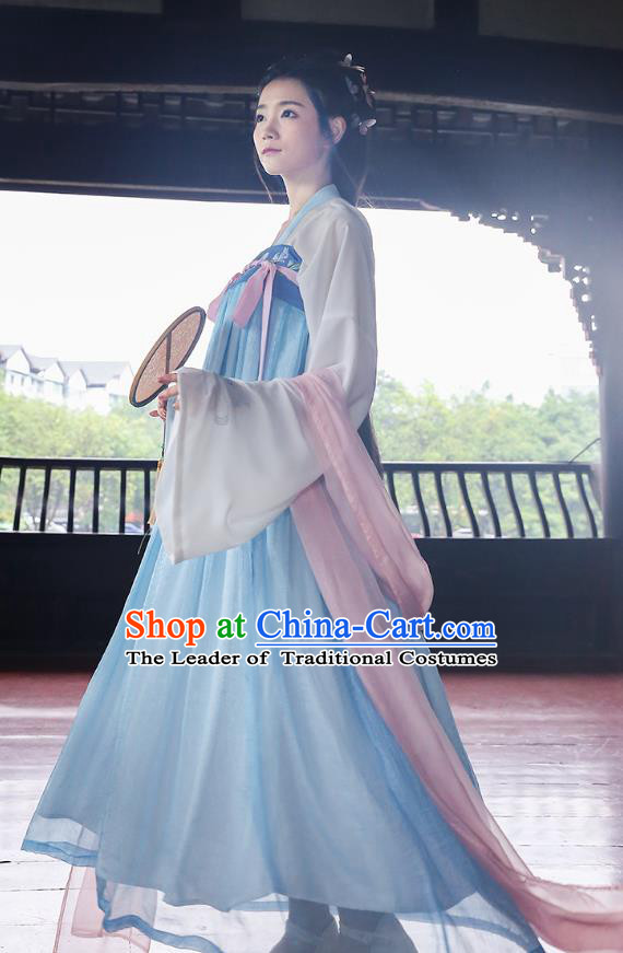 Asian Chinese Oriental Hanfu Costumes Embroidered Blouse and Blue Slip Skirt, Traditional China Tang Dynasty Embroidery Clothing for Women