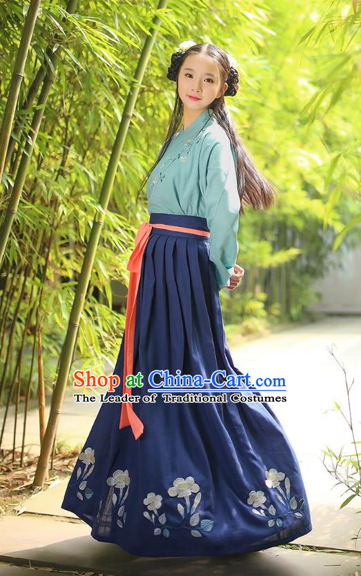 Asian Chinese Hanfu Costumes Han Dynasty Embroidered Green Blouse and Grey Slip Skirts Complete Set for Women