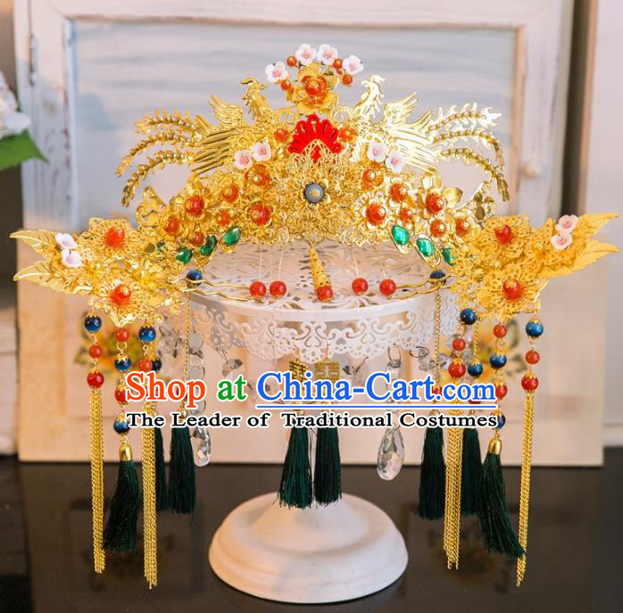 Aisan Chinese Handmade Classical Hair Accessories Hanfu Green Tassel Phoenix Coronet, China Xiuhe Suit Hairpins Wedding Headwear for Women