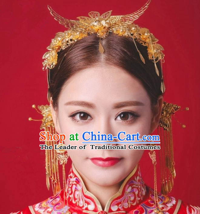 Aisan Chinese Handmade Classical Hair Accessories Phoenix Coronet Complete Set, China Xiuhe Suit Hairpins Wedding Headwear for Women