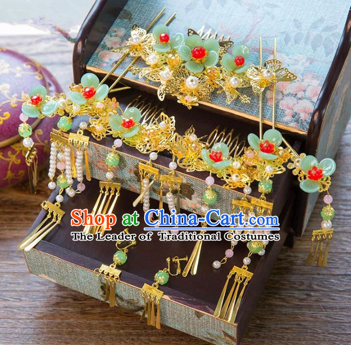 Aisan Chinese Handmade Classical Hair Accessories Green Flowers Phoenix Coronet Complete Set, China Xiuhe Suit Hairpins Wedding Headwear for Women