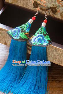 Top Grade Handmade Classical Hair Accessories Chinese Hanfu Blue Tassel Earrings, China Ancient Princess Embroidery Eardrop for Women