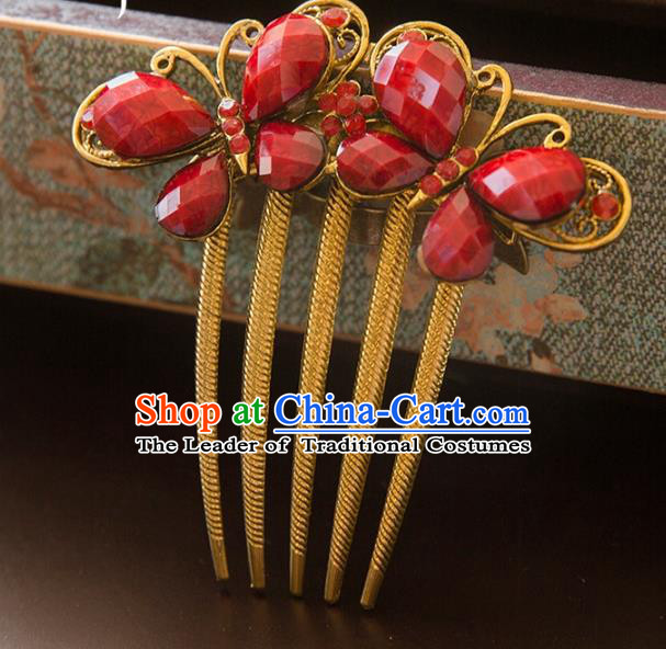 Aisan Chinese Handmade Classical Hair Accessories Bride Red Hair Comb, China Xiuhe Suit Hairpins Wedding Headwear for Women