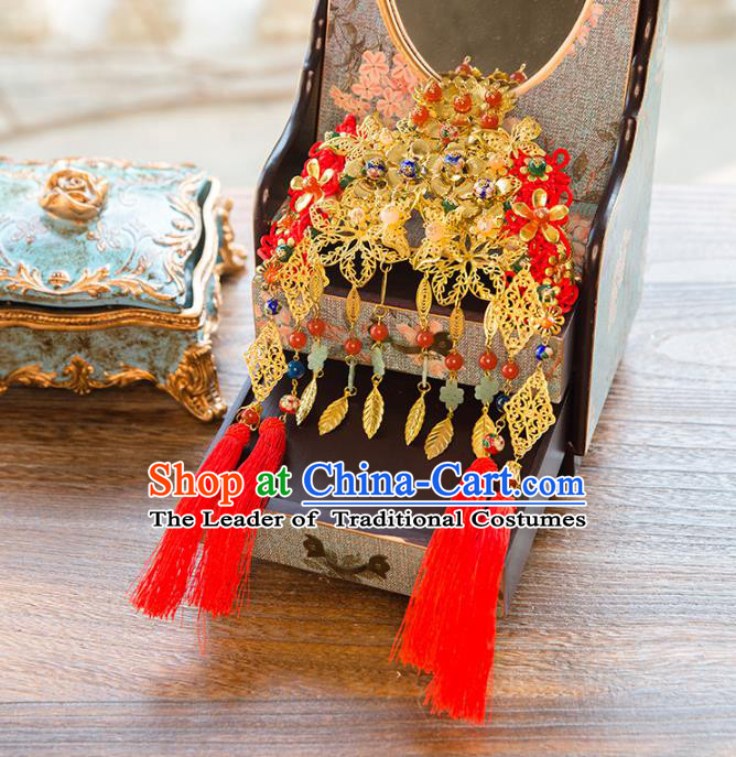 Aisan Chinese Handmade Classical Hair Accessories Hanfu Tassel Phoenix Coronet, China Xiuhe Suit Hairpins Wedding Hair Clasp Headwear for Women