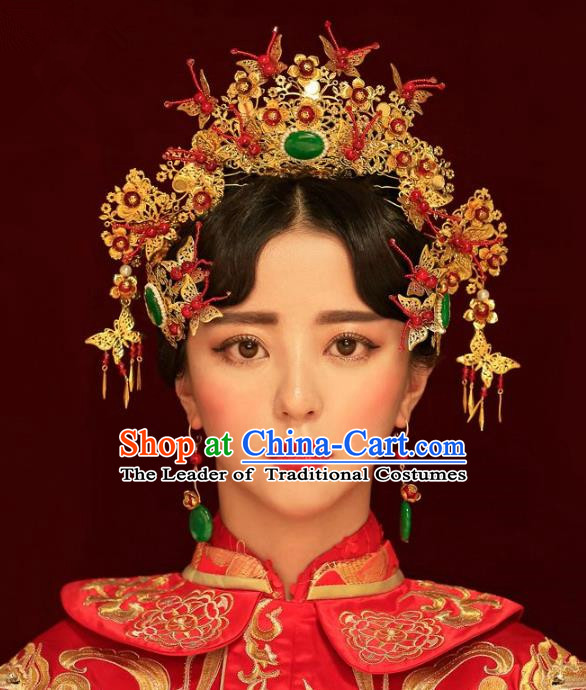 Aisan Chinese Handmade Classical Hair Accessories Hanfu Green Jade Phoenix Coronet, China Xiuhe Suit Hairpins Wedding Headwear Complete Set for Women