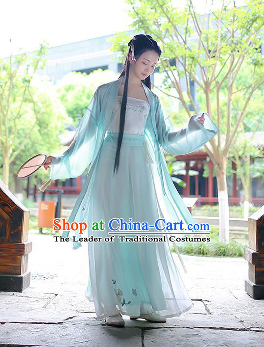 Traditional Asian Chinese Hanfu Swordswoman Costumes Song Dynasty Young Lady Embroidered Blue Cardigan Blouse and Pants Complete Set