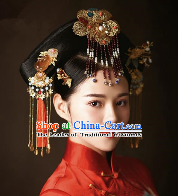 Chinese Handmade Classical Hair Accessories Bride Jade Phoenix Coronet Complete Set, China Xiuhe Suit Hairpins Wedding Headwear for Women