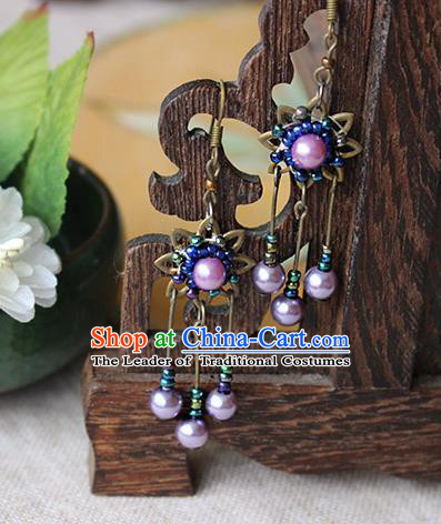 Chinese Handmade Classical Accessories Hanfu Earrings, China Xiuhe Suit Wedding Purple Beads Tassel Eardrop for Women