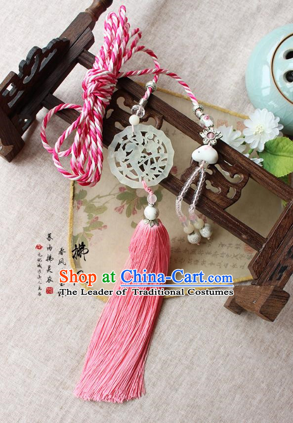 Chinese Handmade Classical Accessories Pink Tassel Palace Taeniasis, China Hanfu Waist Jade Pendant Headwear for Women