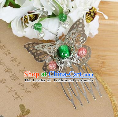 Chinese Handmade Classical Accessories Green Bead Butterfly Hair Comb, China Xiuhe Suit Hair Stick for Women