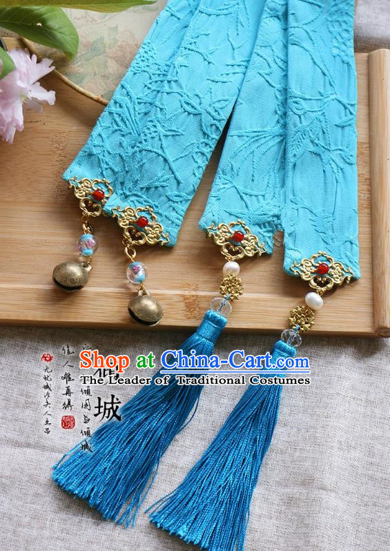 Chinese Handmade Classical Hair Accessories Hanfu Blue Silk Headband, China Ancient Embroidery Bells Hair Clasp Headwear for Women for Men