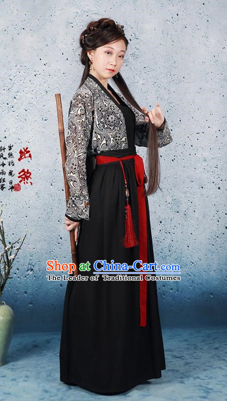 Traditional Ancient Chinese Han Dynasty Swordswoman Costume Blouse and Skirt, Chinese Hanfu Chivalrous Women Clothing