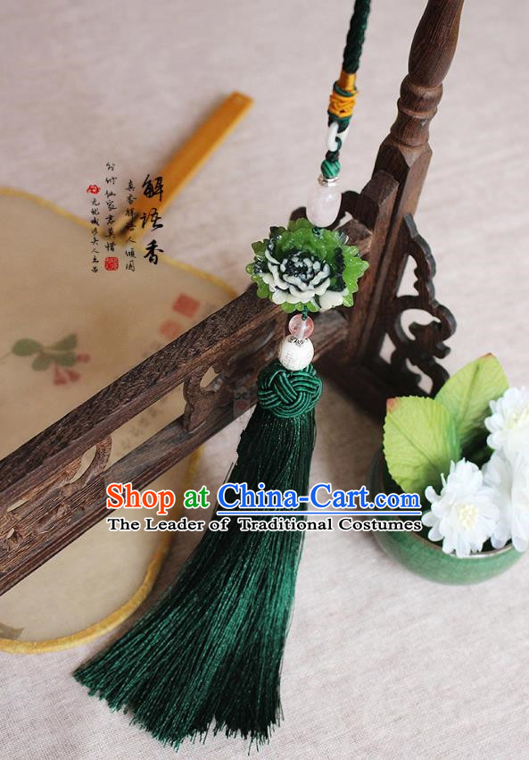 Chinese Handmade Classical Accessories Peony Green Tassel Palace Taeniasis, China Hanfu Waist Pendant Headwear for Women for Men