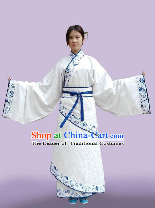 Traditional Asian Oriental China Costume Embroidery Palace Lady Blue and White Porcelain Curve Bottom, Chinese Han Dynasty Embroidered Clothing for Women