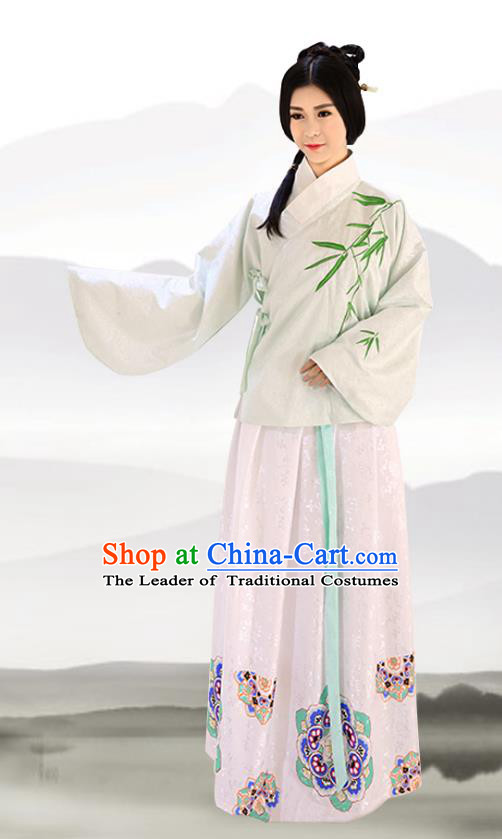 Traditional Chinese Ming Dynasty Imperial Consort Costumes Ancient Embroidered Bamboo Green Blouse and Pink Slip Skirts for Women