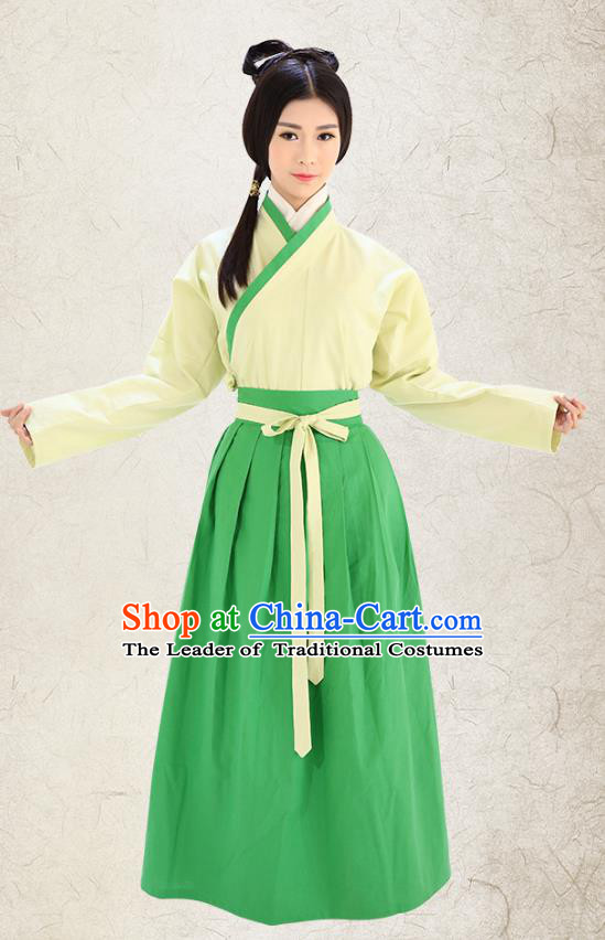 Traditional China Costume Hanfu Yellow Blouse and Green Skirt Complete Set, Chinese Han Dynasty Princess Clothing for Women