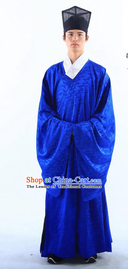 Traditional Asian China Ming Dynasty Costume Chinese Ancient Hanfu Officer Royalblue Long Robe for Men