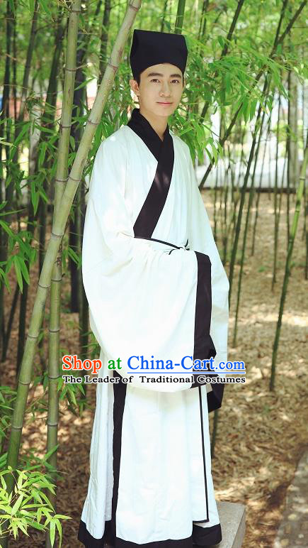 Traditional Asian China Ming Dynasty Costume Chinese Ancient Hanfu Officer Scholar White Long Robe for Men