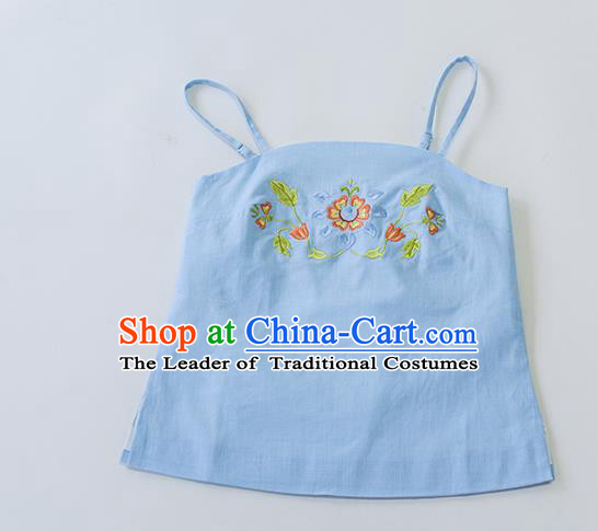 Traditional Chinese Ancient Hanfu Costumes, Asian China Song Dynasty Embroidery Sun-top Vest Blue Bellyband for Women