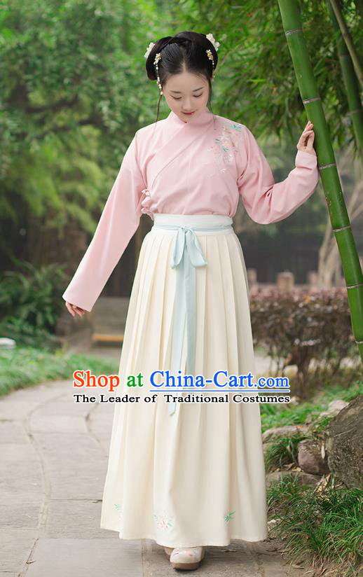 Ancient Chinese Palace Princess Hanfu Costume, Traditional China Ming Dynasty Young Lady Pink Embroidery Blouse and Yellow Skirt Complete Set