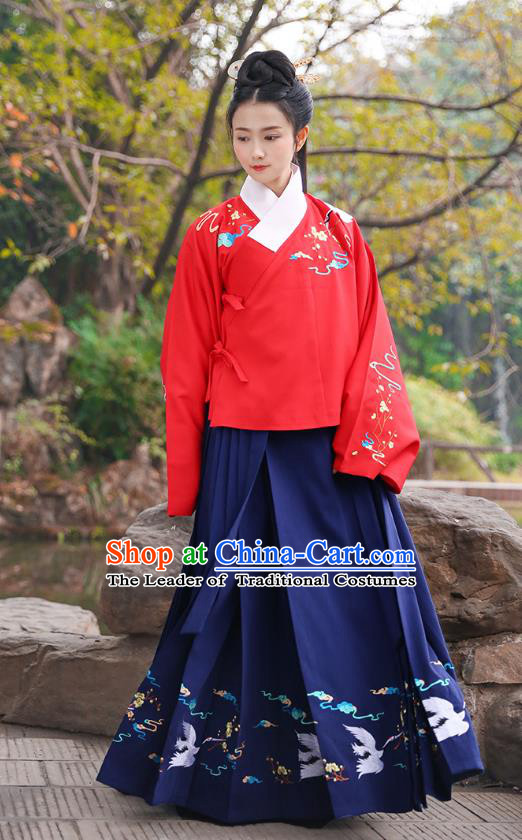 Ancient Chinese Palace Princess Hanfu Costume, Traditional China Ming Dynasty Palace Lady Red Embroidery Crane Blouse and Navy Skirt Complete Set