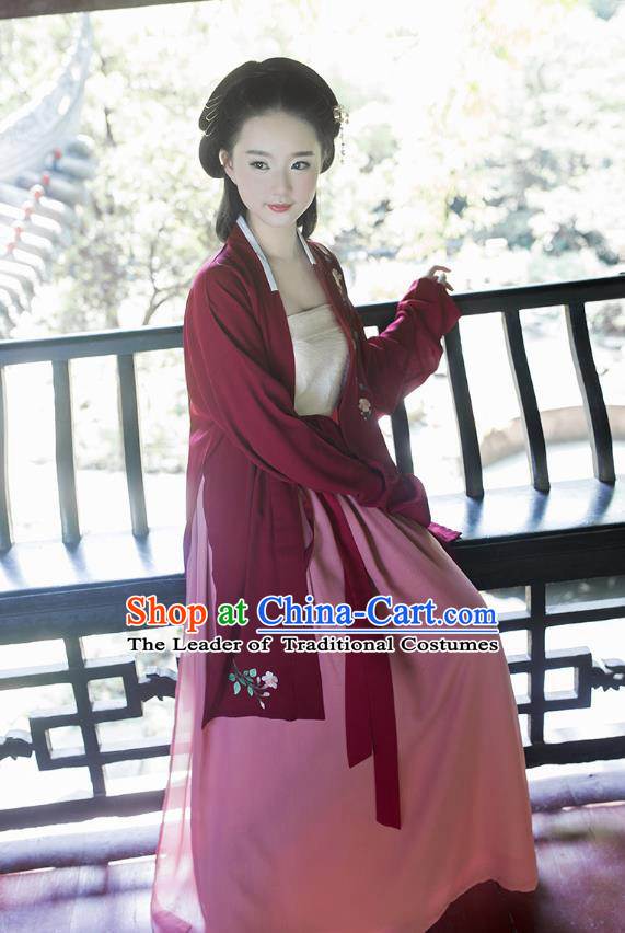 Ancient Chinese Palace Princess Hanfu Costume, Traditional China Song Dynasty Palace Lady Embroidery Red Cardigan Clothing