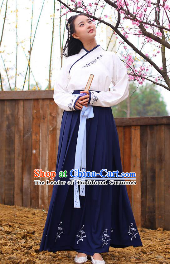 Ancient Chinese Royal Princess Hanfu Costume, Traditional China Han Dynasty Palace Lady Embroidery Blouse and Blue Dress for Women