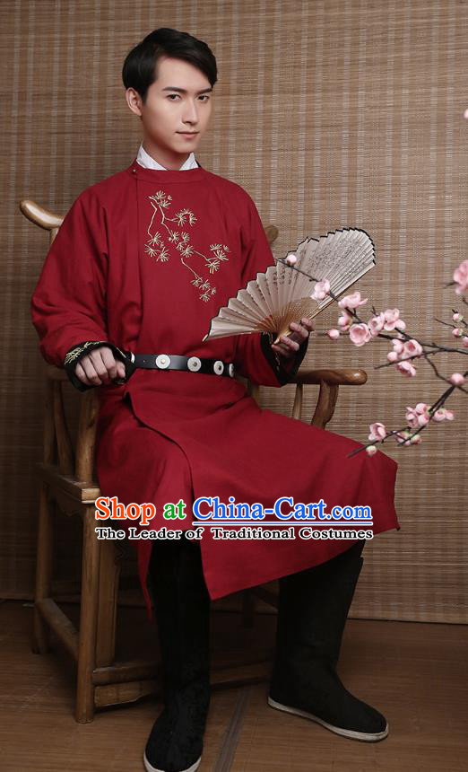 Traditional Chinese Ancient Hanfu Costumes, Asian China Ming Dynasty Imperial Guards Embroidery Red Long Robe for Men