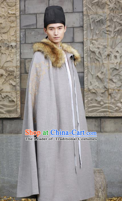 Traditional Chinese Ancient Hanfu Swordsman Cape Costume, Asian China Han Dynasty Embroidery Cloak Grey Mantle Clothing for Men