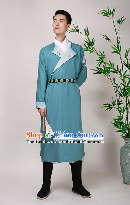 Traditional Chinese Ancient Hanfu Imperial Guards Costume, Asian China Ming Dynasty Swordsman Green Long Robe for Men