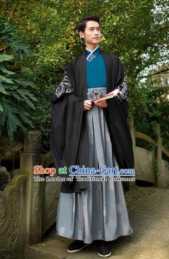 Traditional Chinese Ancient Hanfu Swordsman Cape Costume, Asian China Han Dynasty Embroidery Black Cloak Clothing for Men