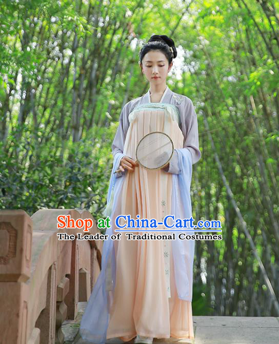 Traditional Chinese Ancient Hanfu Princess Costume, Asian China Tang Dynasty Palace Lady Embroidered Blouse and Pink Slip Skirts for Women