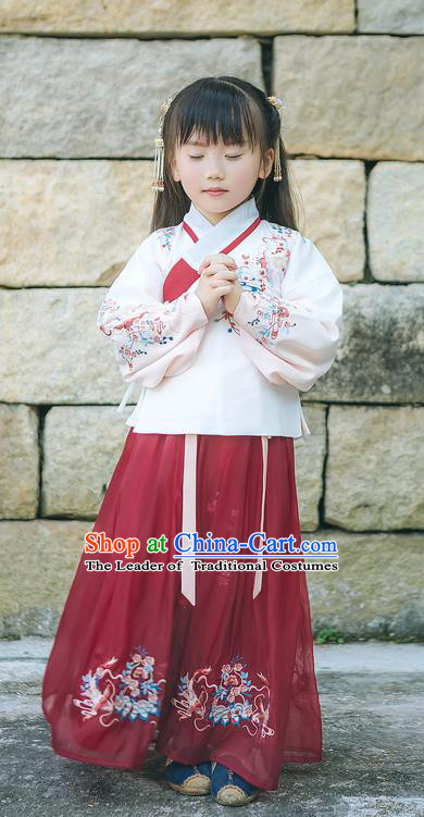 Traditional Chinese Ancient Hanfu Costume Palace Lady Dress, Asian China Ming Dynasty Embroidered White Blouse and Red Skirt Clothing for Kids