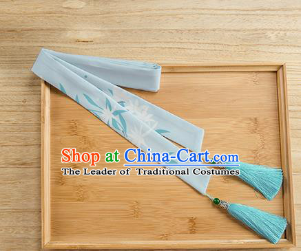 Traditional Chinese Ancient Hanfu Hair Accessories, Asian China Han Dynasty Princess Hair Clasp Printing Blue Tassel Silk Headband