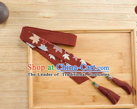 Traditional Chinese Ancient Hanfu Hair Accessories, Asian China Han Dynasty Princess Hair Clasp Printing Wine Red Tassel Silk Headband