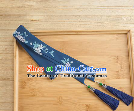 Traditional Chinese Ancient Hanfu Hair Accessories, Asian China Han Dynasty Princess Hair Clasp Printing Blue Tassel Silk Headband