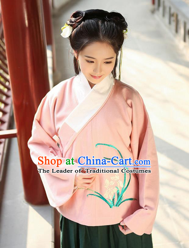 Traditional Chinese Ancient Hanfu Princess Costume Upper Outer Garment, Asian China Ming Dynasty Young Lady Embroidered Orchid Pink Blouse for Women