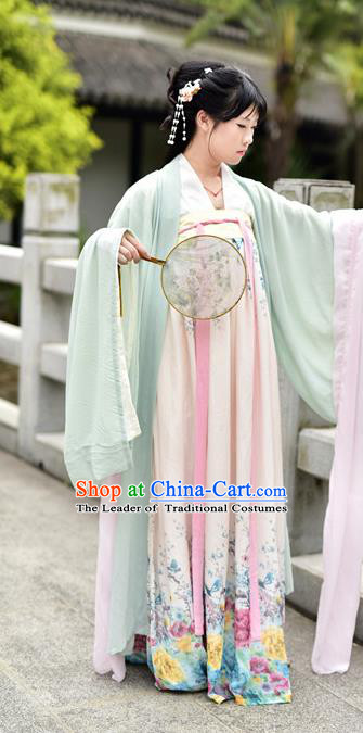 Traditional Chinese Ancient Palace Lady Costume, Asian China Tang Dynasty Princess Embroidered Wide Sleeve Light Green Cardigan for Women