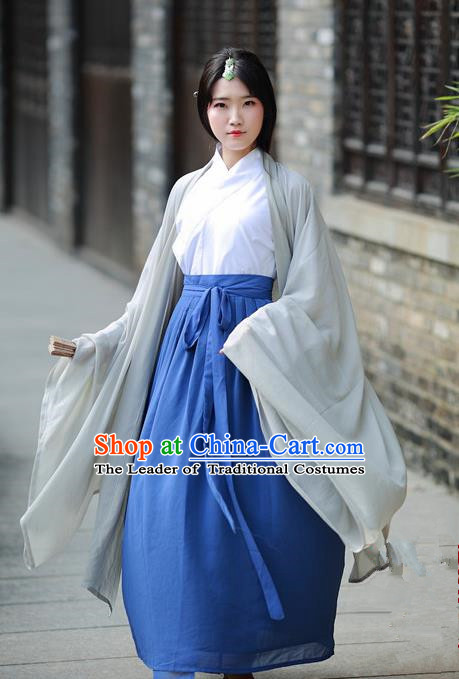 Traditional Chinese Ancient Palace Lady Costume, Asian China Tang Dynasty Princess Embroidered Wide Sleeve Grey Cardigan for Women