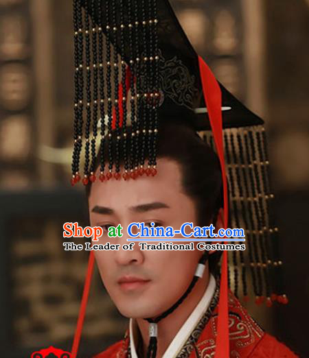 Traditional Handmade Chinese Hair Accessories Qin Dynasty Emperor Headwear, China Ancient Majesty Tassel Hats for Men