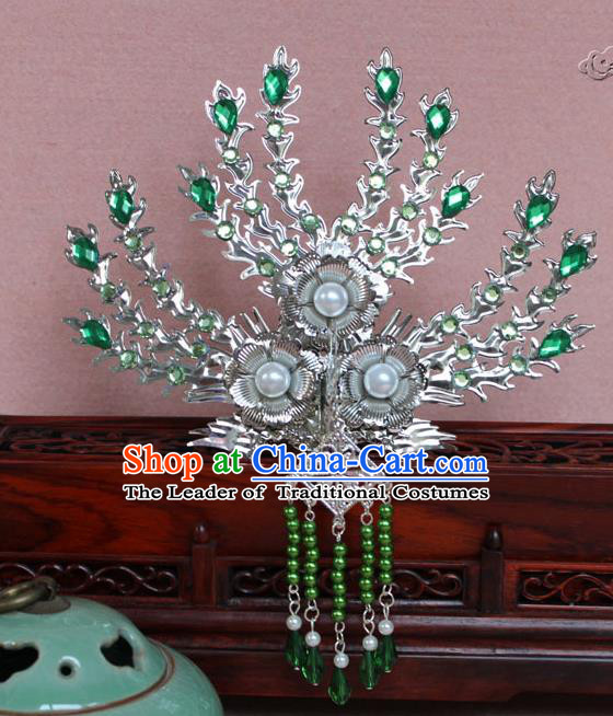 Traditional Handmade Chinese Hair Accessories Princess Green Crystal Phoenix Hairpins, Tang Dynasty Palace Lady Tassel Frontlet Step Shake for Women