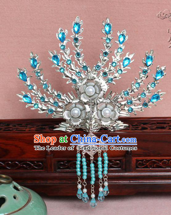 Traditional Handmade Chinese Hair Accessories Princess Blue Crystal Phoenix Hairpins, Tang Dynasty Palace Lady Tassel Frontlet Step Shake for Women